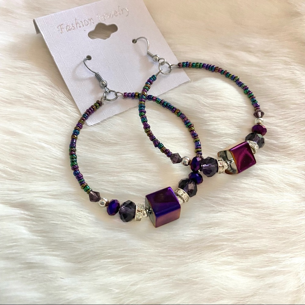 Purple Beaded Hoop Earrings